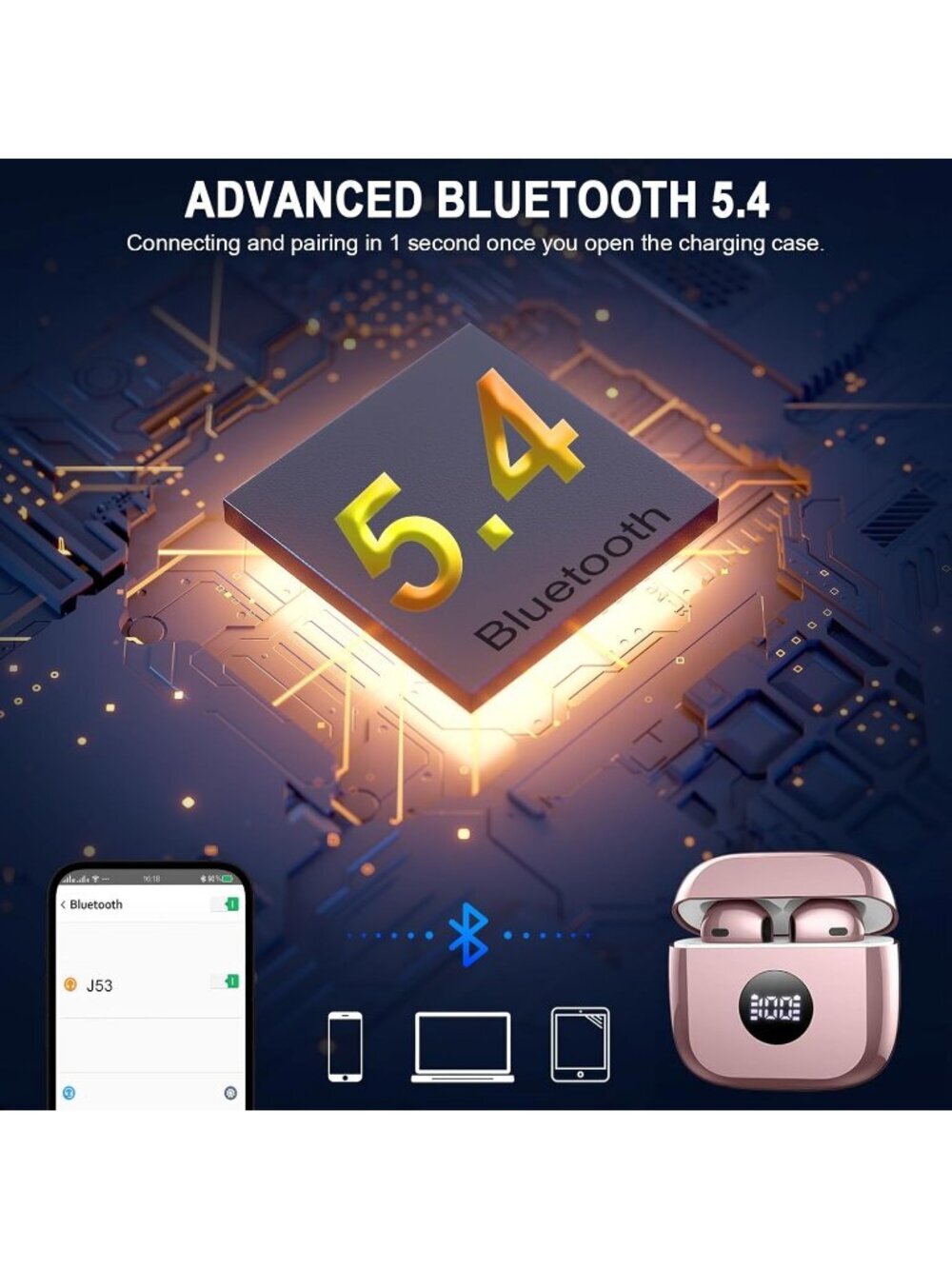 Wireless Rose Gold LED Power Display Bass Stereo 40H Playback Bluetooth Earbud - Picture 3 of 6